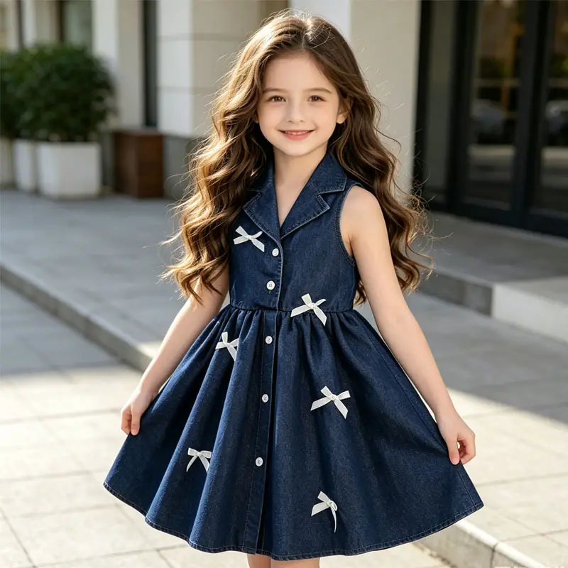 Girls Denim Lapel-Style Dress Set
