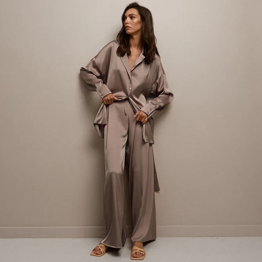 Womens Summer Loungewear Set Relaxed Comfortable Rayon-Look Pants And Robe For Casual Home Wear