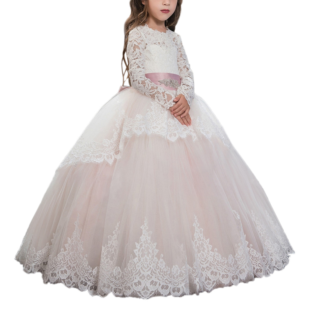 Double Lace Long Sleeve Flower Girl Pettiskirt Wedding Dress - Image 8