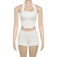 Fashion Women's Crop-top Spaghetti-strap Shorts Suit - White - View 1