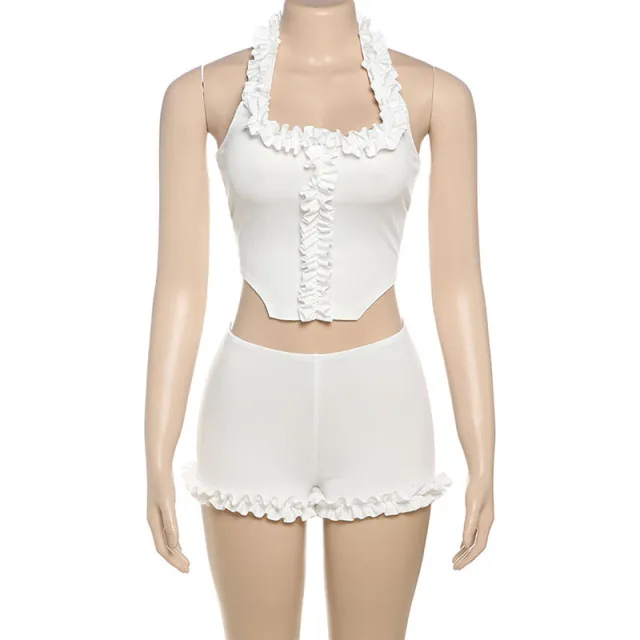 Fashion Women's Crop top Spaghetti strap Shorts Suit White - Shop at LoveMi