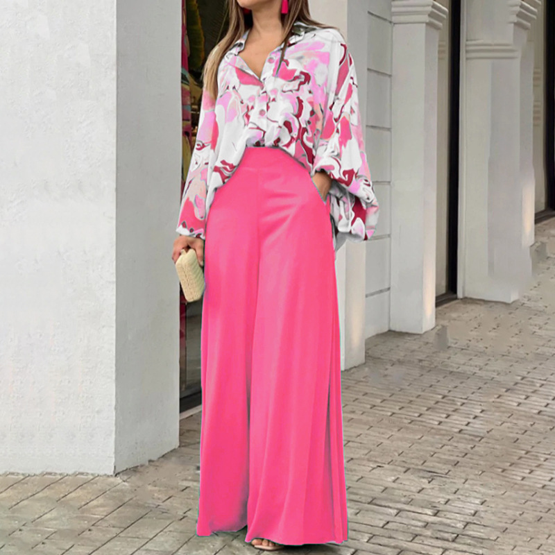 Loose And Elegant Casual Printed Shirt Top Wide Leg Pants Fashion Suit - Image 9