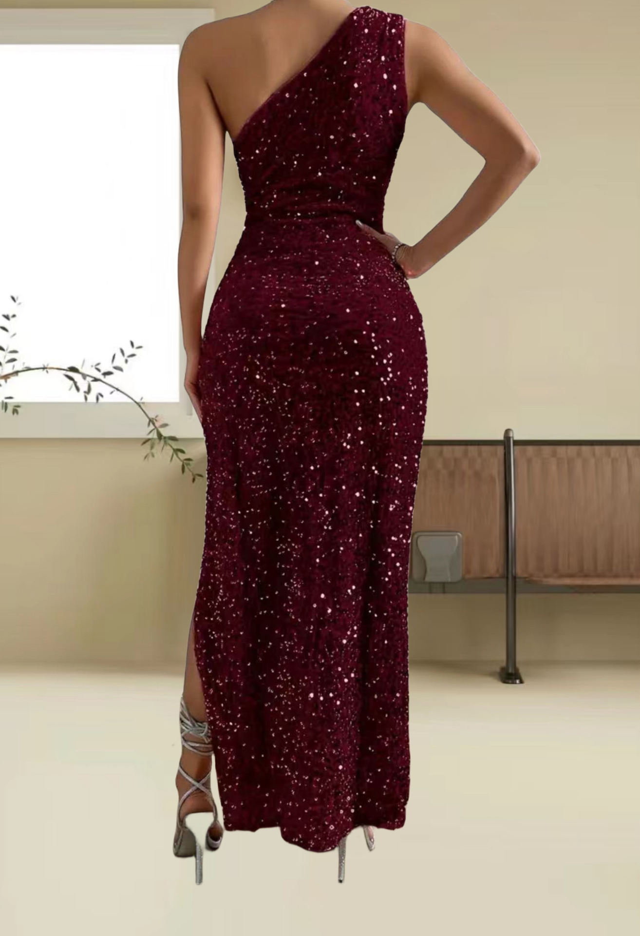 Sexy Strapless Mermaid Sequin Split Dress Wine - Shop at LoveMi