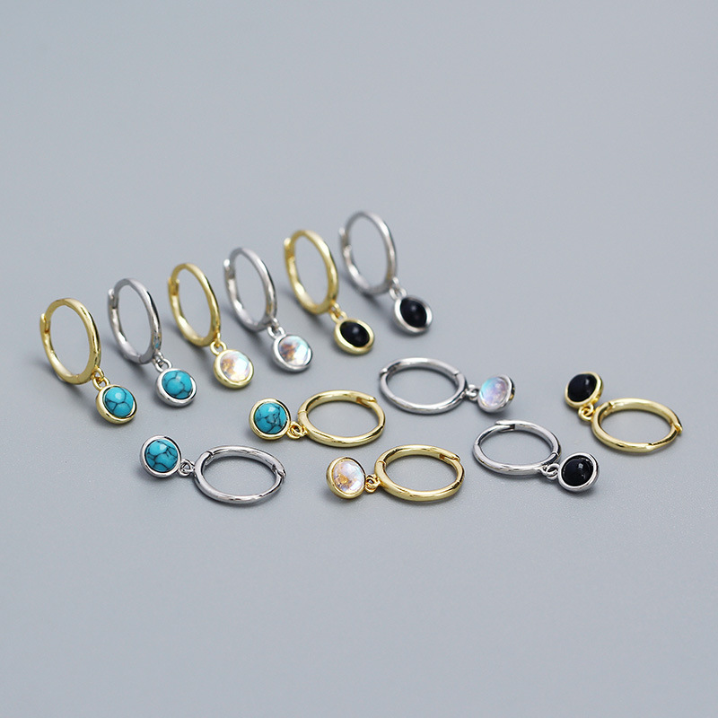 S925 Sterling Silver Pendant Ear Clip Synthetic Moonstone Agate Blue Turquoise Earrings Women