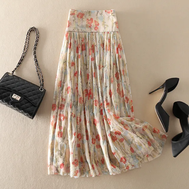 High Waist Floral Gauzy Pleated Mid length Skirt Color - Shop at LoveMi