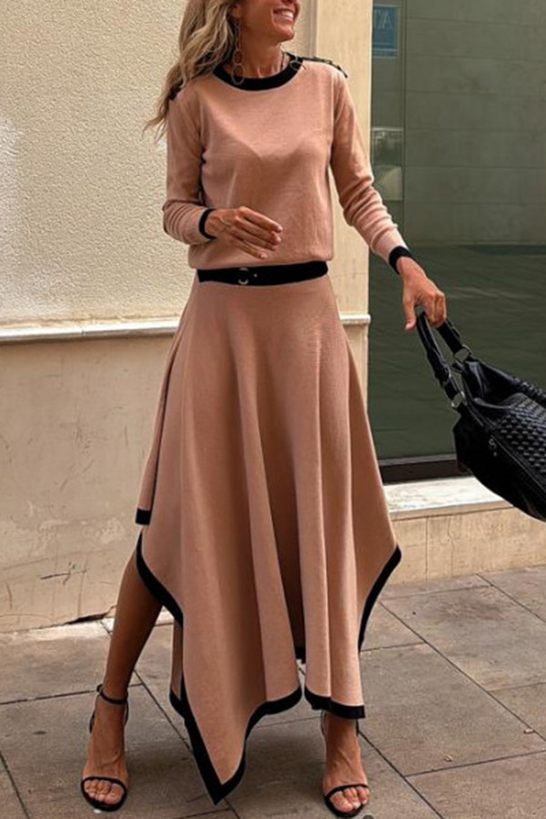 Long Sleeve Irregular Solid Skirt Two piece Set Dark Brown Set - Shop at LoveMi