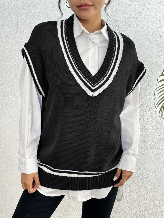 Environment European And American Women's Clothing Color Matching Casual Wool Vest Sweater Black - Shop at LoveMi