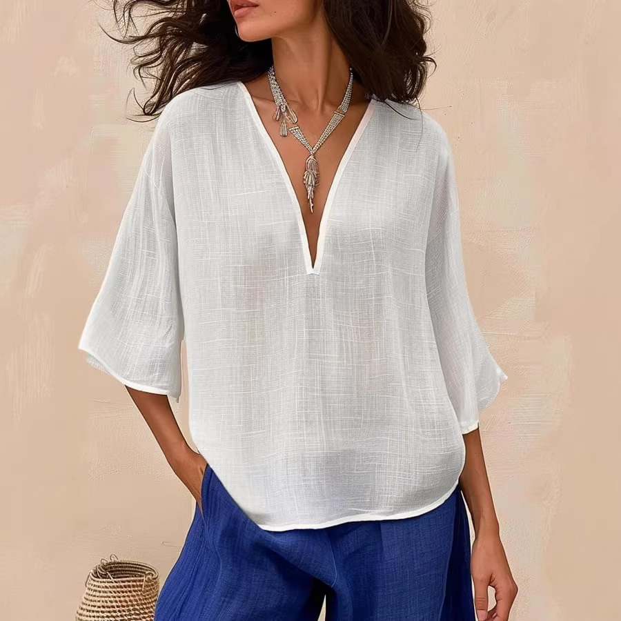 Loose Casual Solid-Colored Cotton-Linen Womens V-Neck Trendy Fashion Mid-Sleeve Top