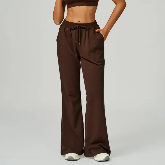 Drawstring Pocket Straight Casual Trousers Versatile Sports Pants Women Brown - Shop at LoveMi