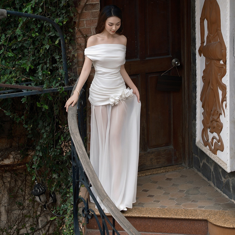 Off-the-shoulder Strapless Mesh Maxi Dress For Women