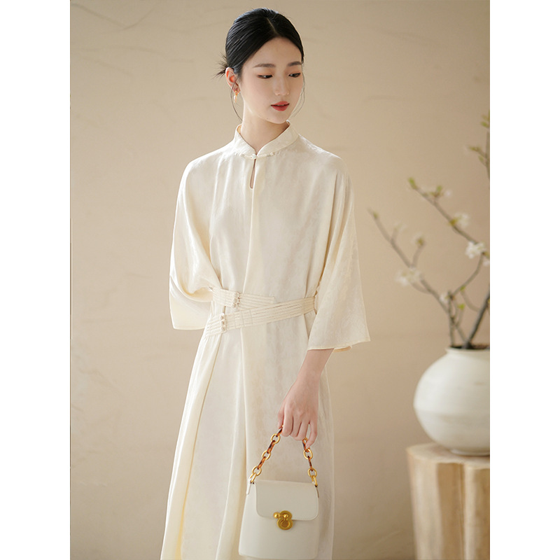 Water Drop Stand Collar Waist Seal Dress - 3