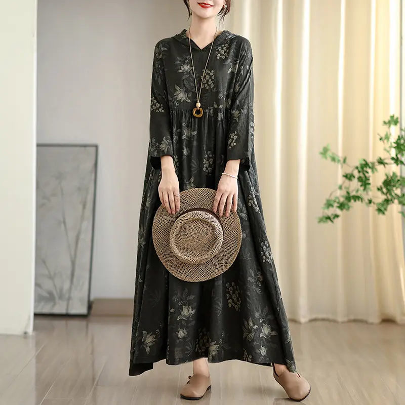 Womens Fashionable Retro Hooded Printed Dress