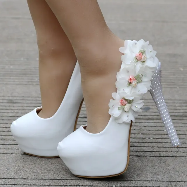 Large Size Waterproof Platform High Heel Round Toe Pearl Shoes White - Shop at LoveMi