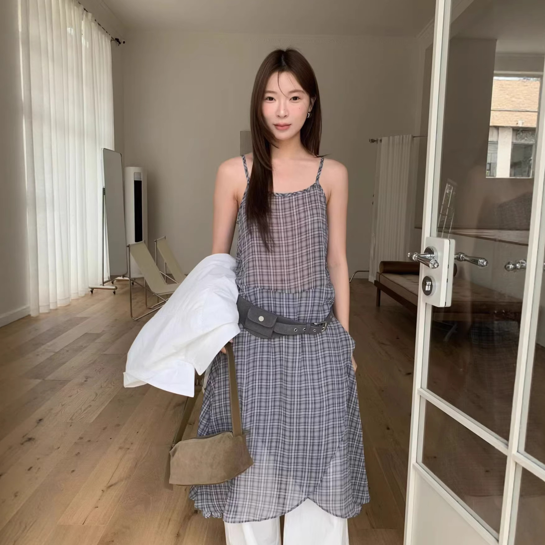 Laid-back Sheer Plaid Slip Dress