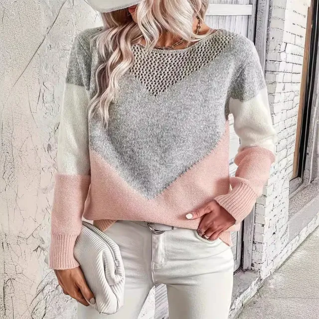 Round Neck Contrast Color Bottoming Shirt Pullover Casual Sweater Pink - Shop at LoveMi