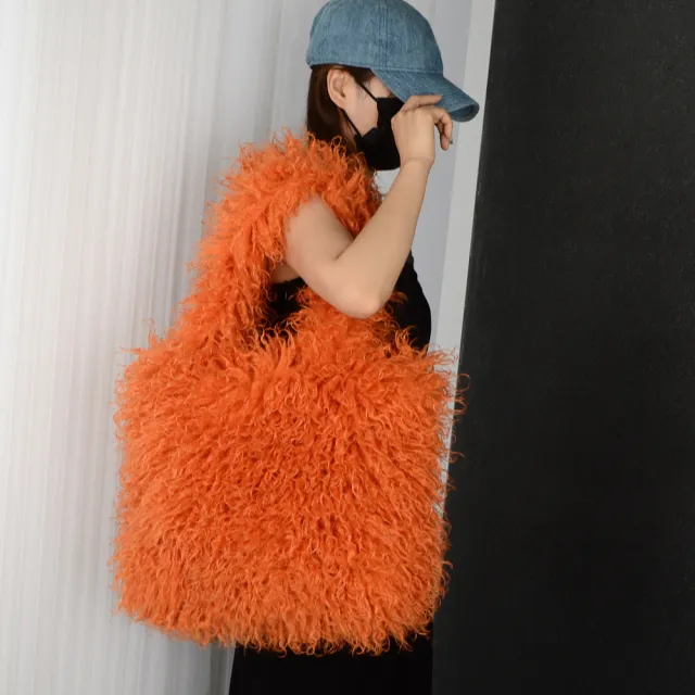 Faux Fur Beach Wool Plush Bag Portable Shoulder Large Capacity Totes Orange - Shop at LoveMi