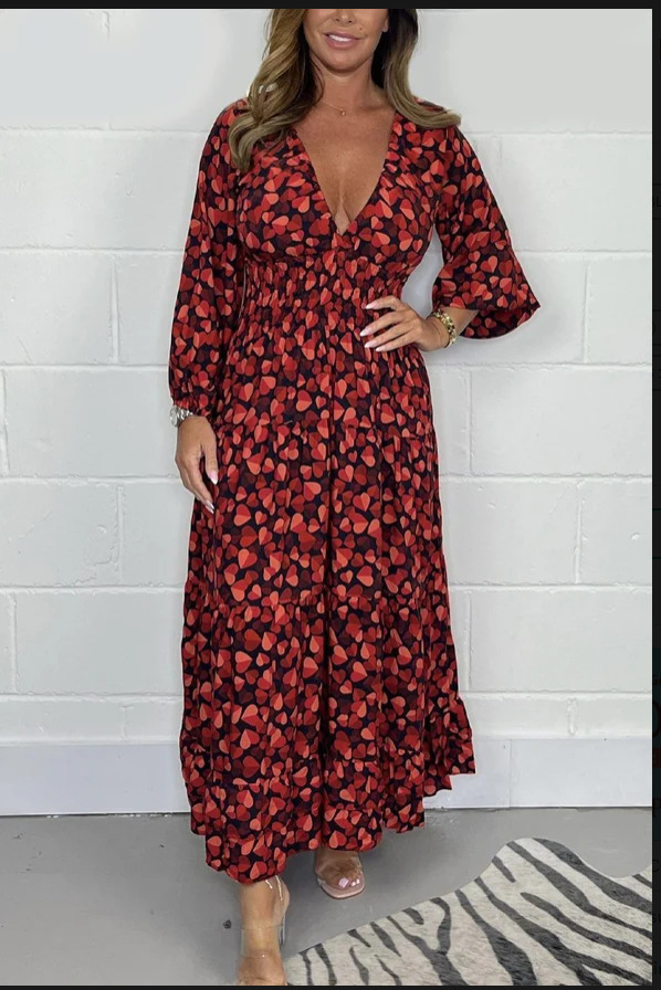 Women's Fashion High Waist V-neck Floral Dress