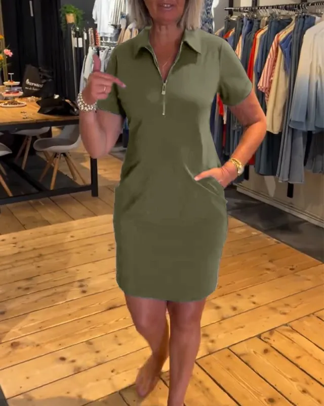 European And American Fashion Casual Lapel Short Sleeve Zipper Solid Color Dress Green - Shop at LoveMi