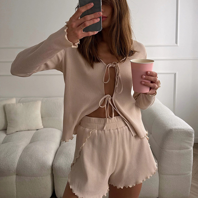 Casual Women's Suit Long Sleeve Pure Color Tied Cardigan Top Shorts
