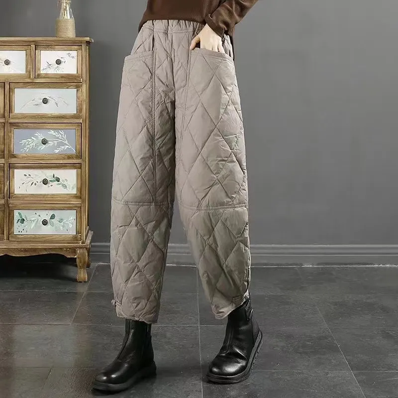 Women's Retro Artistic Solid Color Down Wadded Trousers Rhombic Pressure Wire Buckle Windproof Warm Casual Pants - Gray