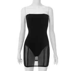 European And American Pure Colour Tube-top Waist-tight One-piece Hip-wrapped See-through Dress - Black - View 1