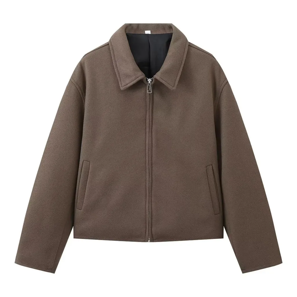 Women's Retro Brown Long-sleeve Zipper Short Coat - Brown