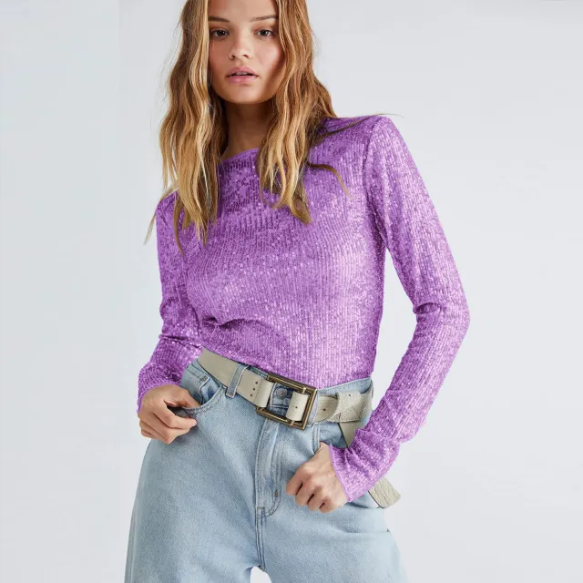 Women's Fashionable Sequins Solid Color Long Sleeve Slim fit Top Purple - Shop at LoveMi