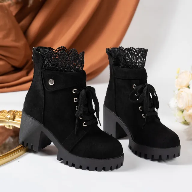 High Heel Chunky Heel Lace up British Style Martin Boots Black - Shop at LoveMi