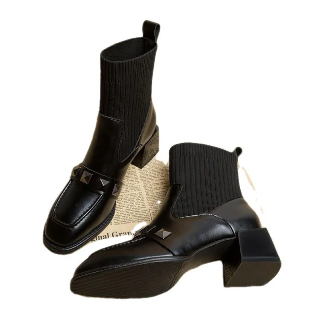 Thin Socks Boots Mid Heel Chunky Heel High Heel Dr Martens Black - Shop at LoveMi