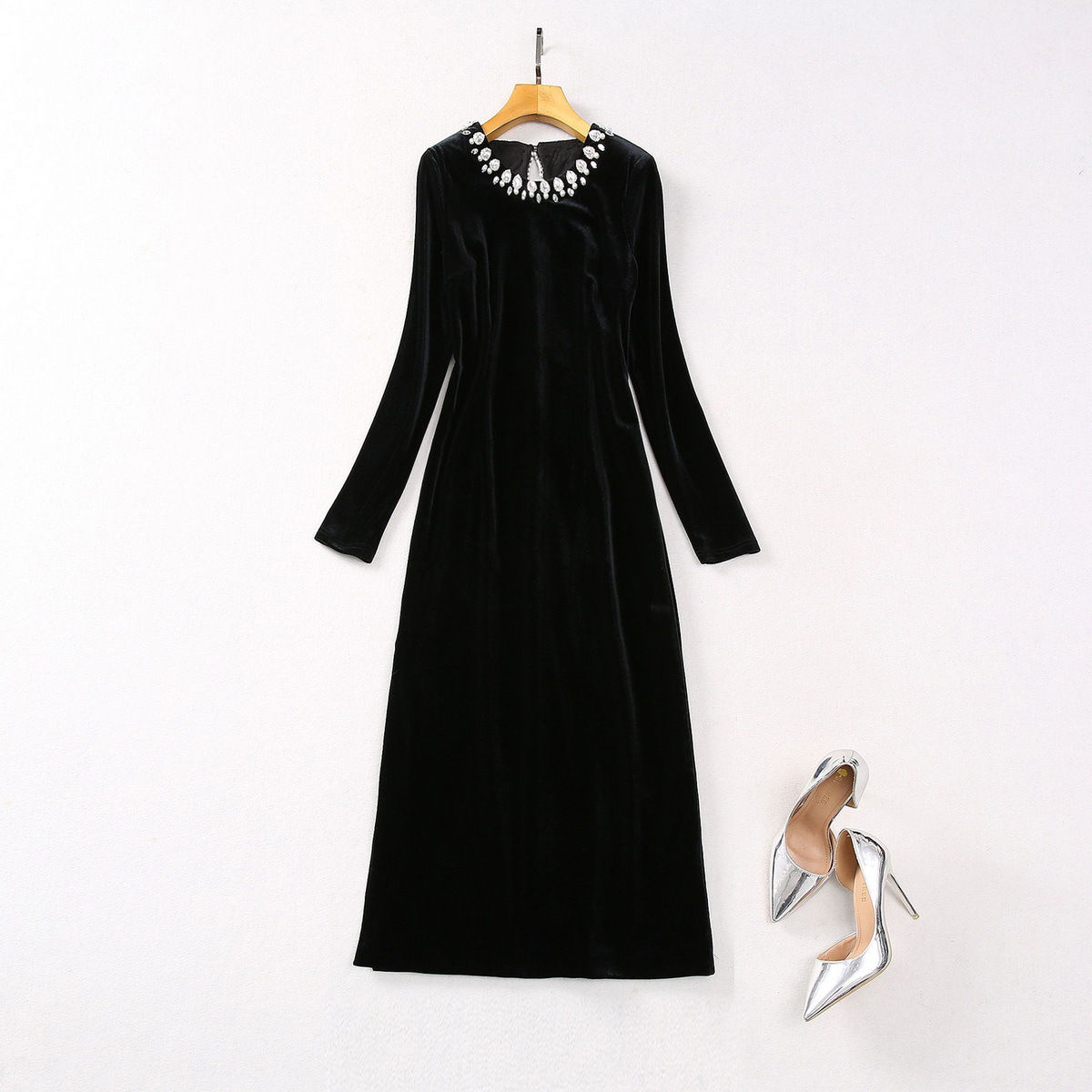 Velvet Long-Sleeve Beaded Dress