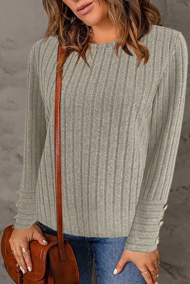 Pullover Round Neck Fashion Long Sleeve Button Top Off White - Shop at LoveMi