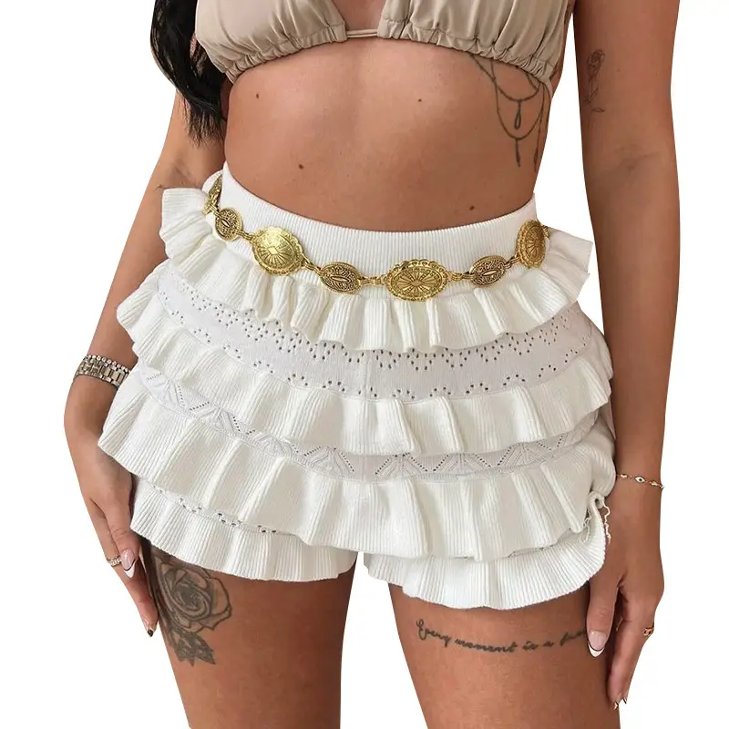 Sexy Solid-Colored High-Waisted Knitted Multi-Layer Ruffle-Trimmed Shorts