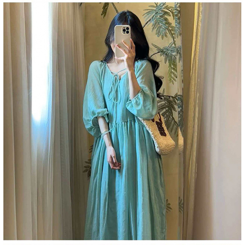 Artistic-style Solid-color V-neck Loose-fit Short-sleeve Cotton-linen Midi Dress