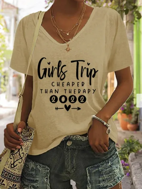 Summer Girls Trip Printed European And American Leisure Loose V neck Women's T shirt Khaki - Shop at LoveMi