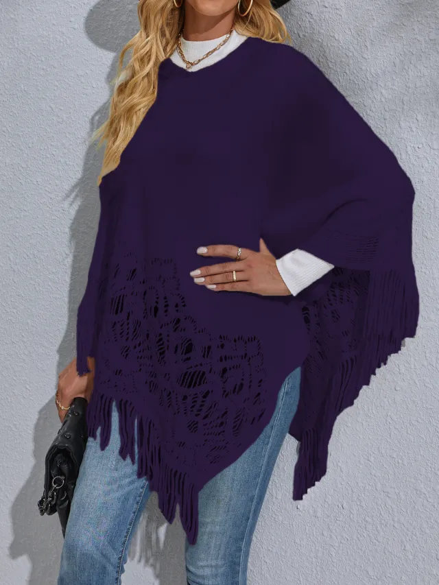 Women's Mid length Lace Tassel Shawl Sweater Blue - Shop at LoveMi