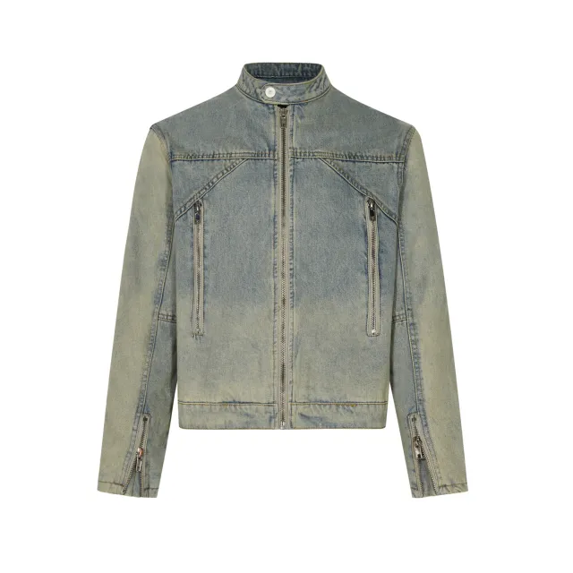 Women's Washed Distressed Half Turtleneck Zipper Denim Coat Blue - Shop at LoveMi