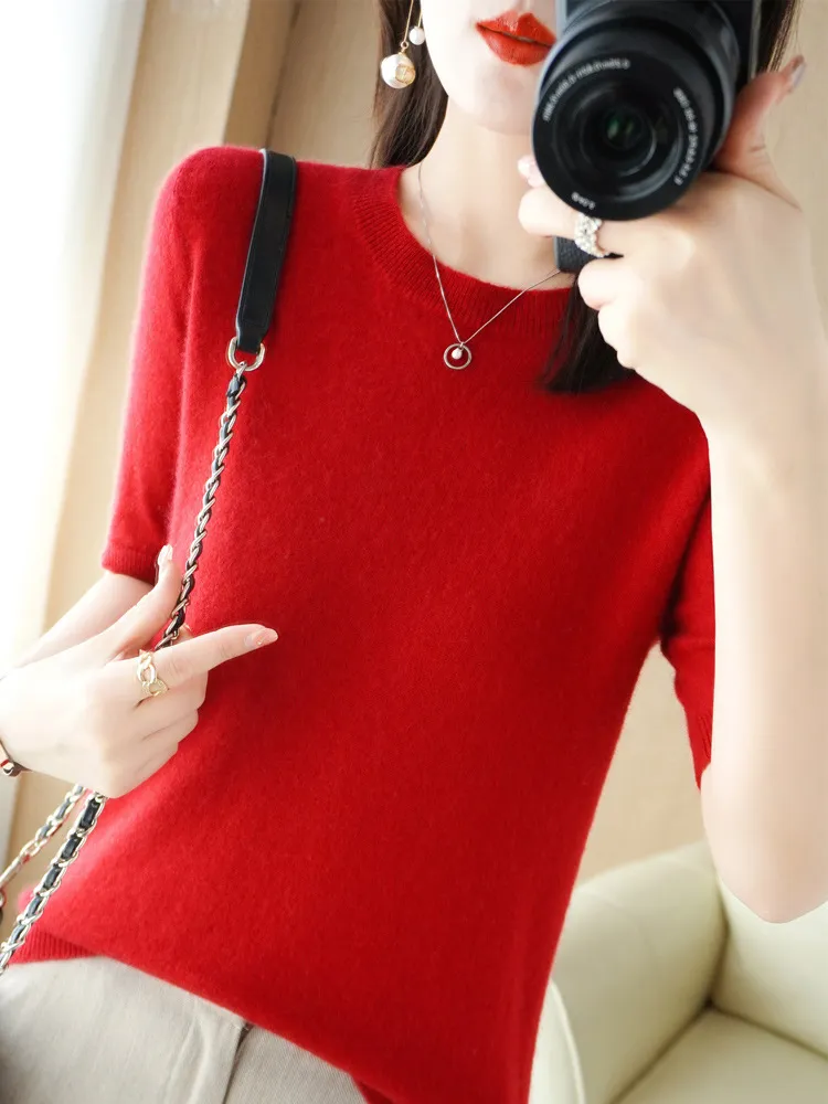 Knitted Short Sleeve Loose T-shirt Inner Wear Sweater Non-cashmere Bottoming Shirt - Wine Red