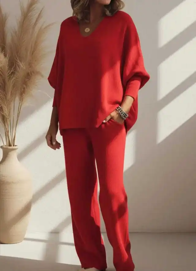 V neck Long sleeved Top Knitted Home Pants Suit 2 piece Set Red - Shop at LoveMi