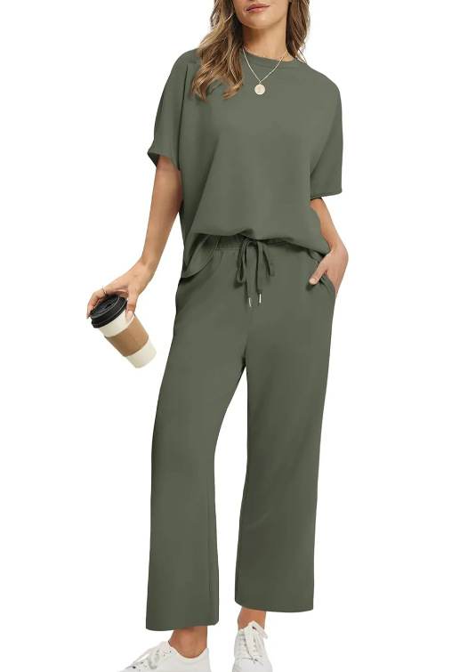 European And American Women's Solid Color Short sleeved Casual Wide leg Pants Suit Army Green - Shop at LoveMi