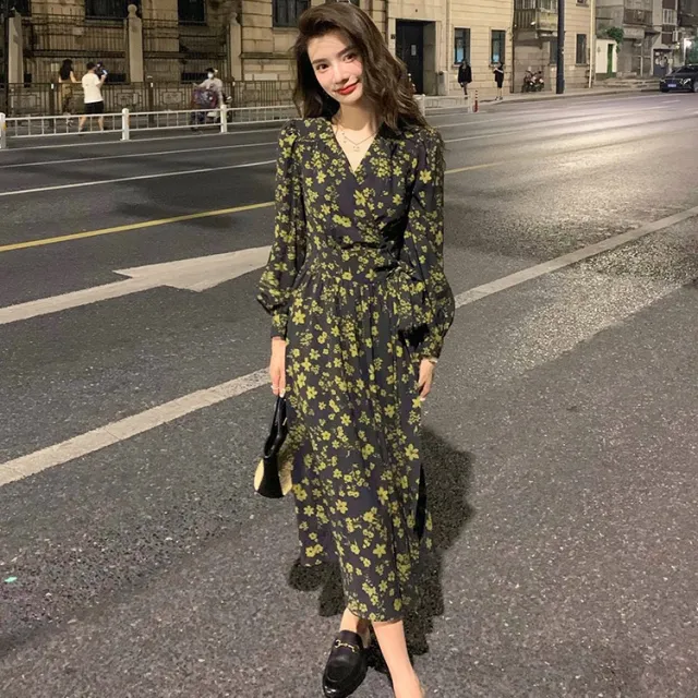 V neck Chiffon Long sleeve Waist cinching Dress Picture Color Xl - Shop at LoveMi