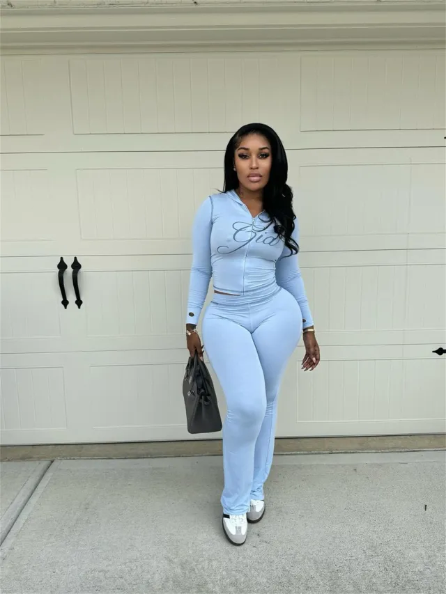 Solid Color Short Hood Top And Trousers Blue - Shop at LoveMi