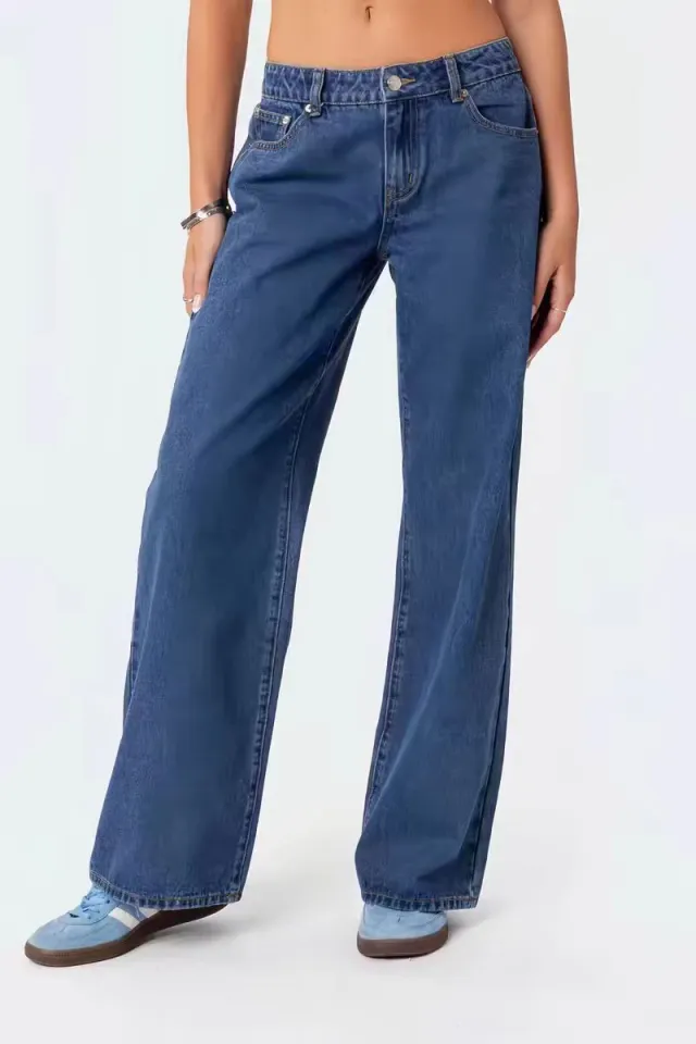 European And American Fashionable Simple Low Waist Wide Leg Jeans Blue - Shop at LoveMi