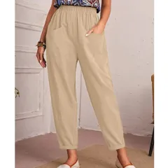 Women's Cotton Linen Elastic-waist Casual Pants - Khaki - View 1