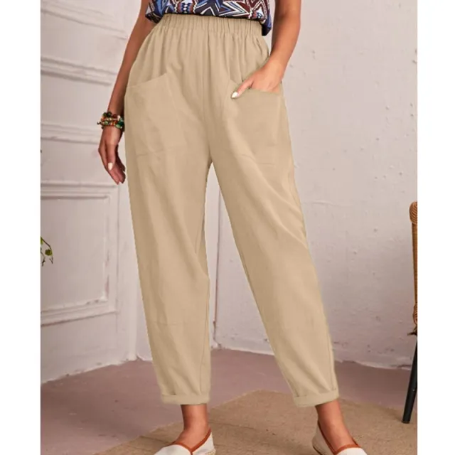 Women's Cotton Linen Elastic waist Casual Pants Khaki - Shop at LoveMi