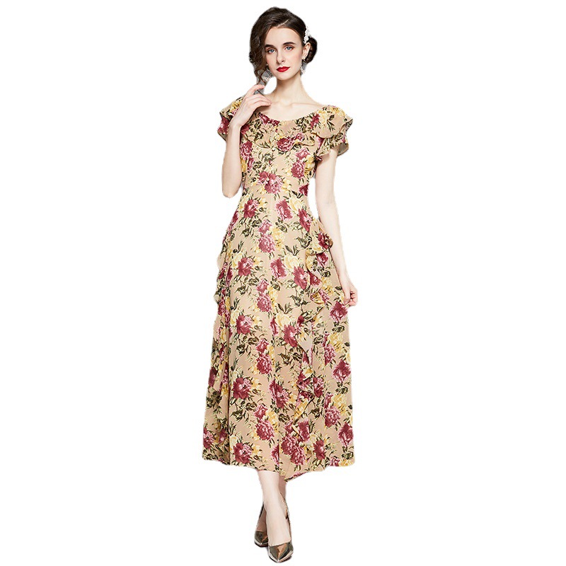 V-neck Flounce Short Sleeve High Waist Tight Waist Wide Hem Printed Long Dress