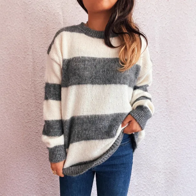 Striped Color Block Knitted Round Neck Chic Casual Loose Sweater White - Shop at LoveMi