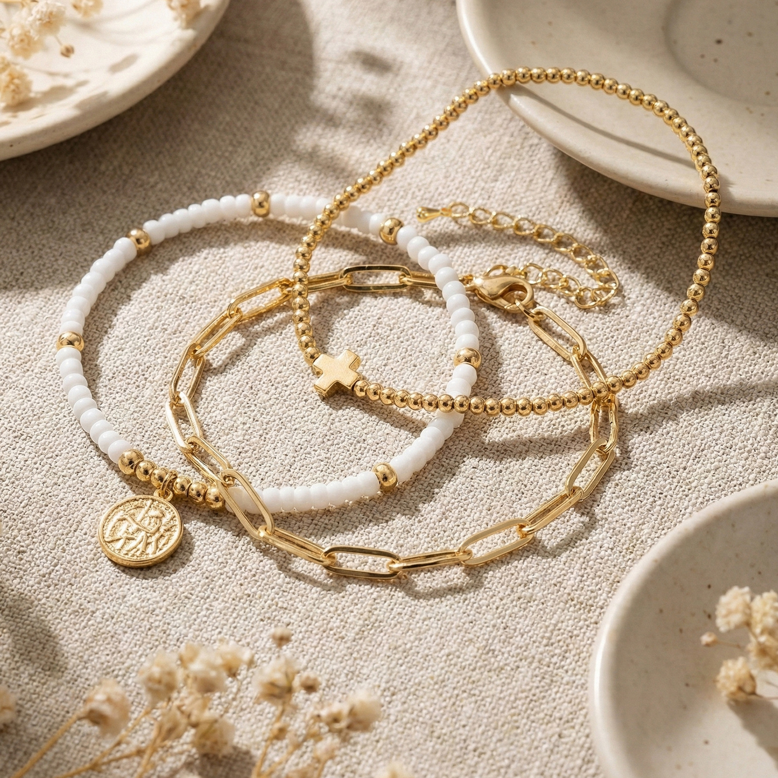 Adjustable Multi-Layer Gold Bead Heart Charm Bracelet