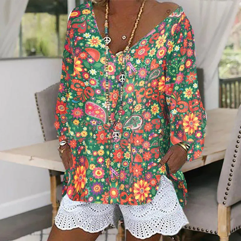 New Long Sleeve Loose Bottoming Half Turtleneck Urban Leisure Pullover Cotton Printed Top - Green