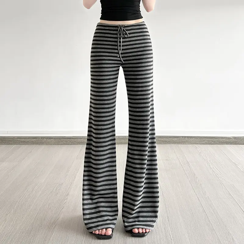 American-style Retro Color-block Striped Tie-detail Boot-cut Lounge
