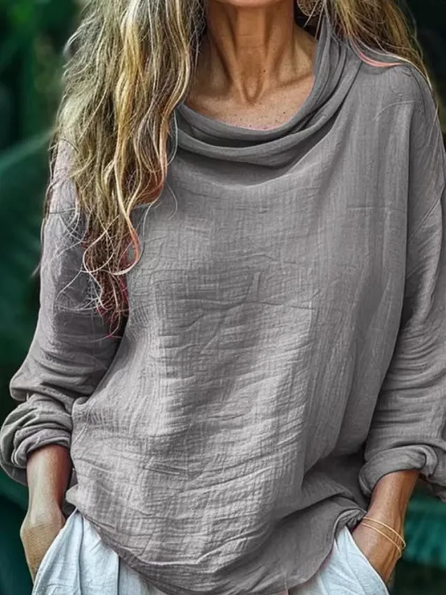 Spring Women's Casual Loose Fashion Long Sleeved Solid Color Pile Collar Pullover Pleated Top Gray - Shop at LoveMi